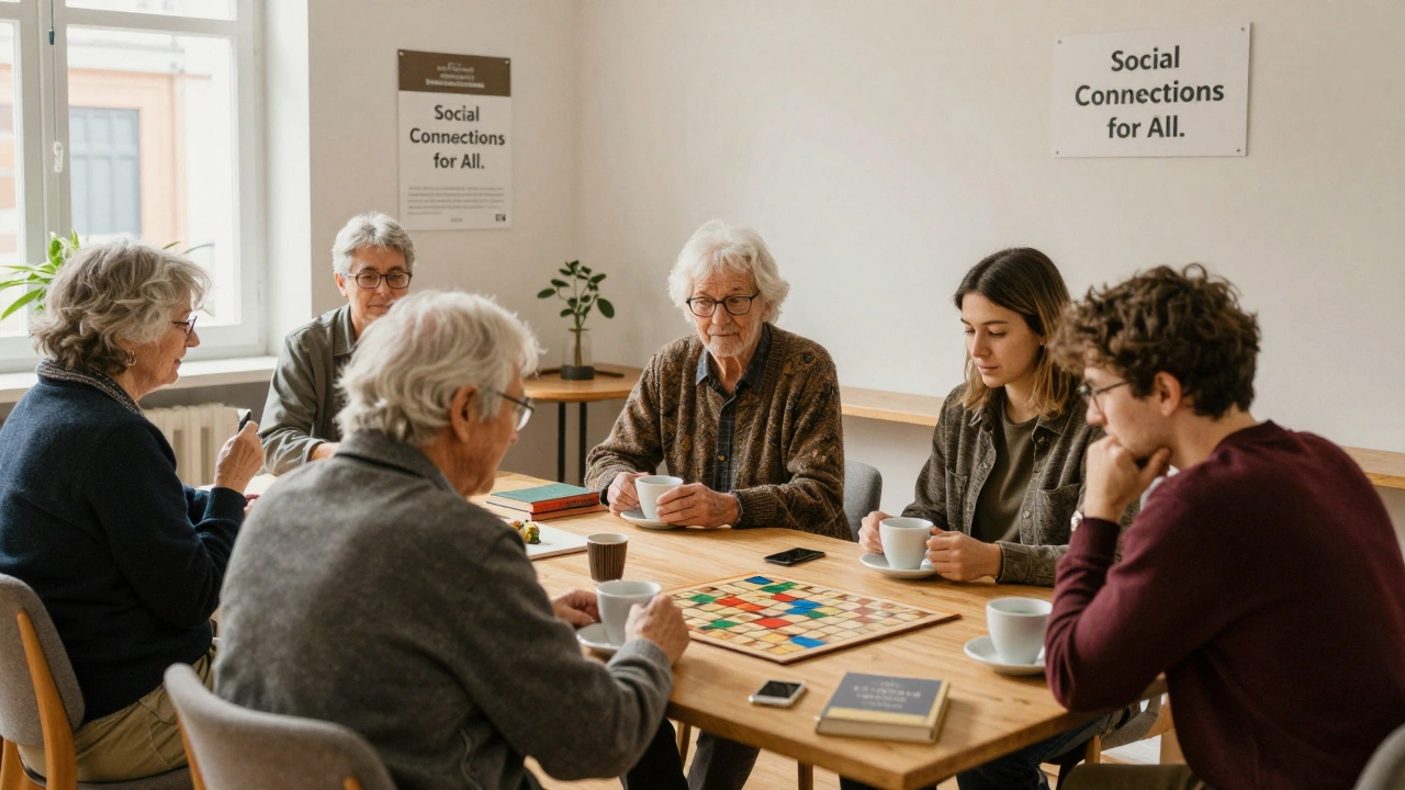 A diverse group shares tea and conversation in a warm, sunlit community center, fostering genuine human connection.