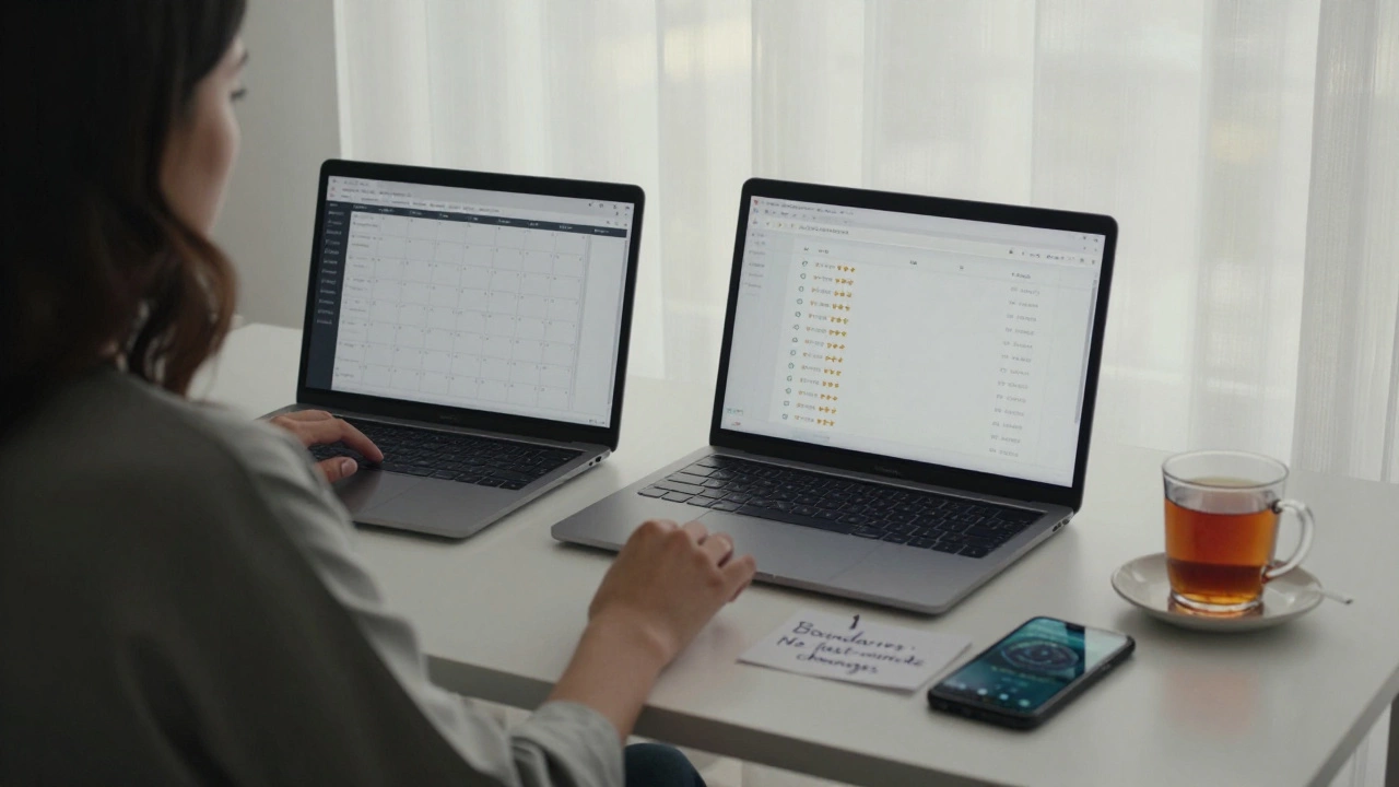 A woman working at a desk with two laptops and a burner phone, displaying client reviews and scheduling tools in a modest apartment.