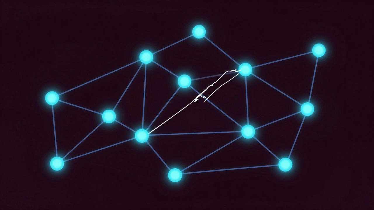 Abstract network of glowing connections symbolizing trusted relationships in Dubai&#039;s escort industry, with one fragile thread breaking.