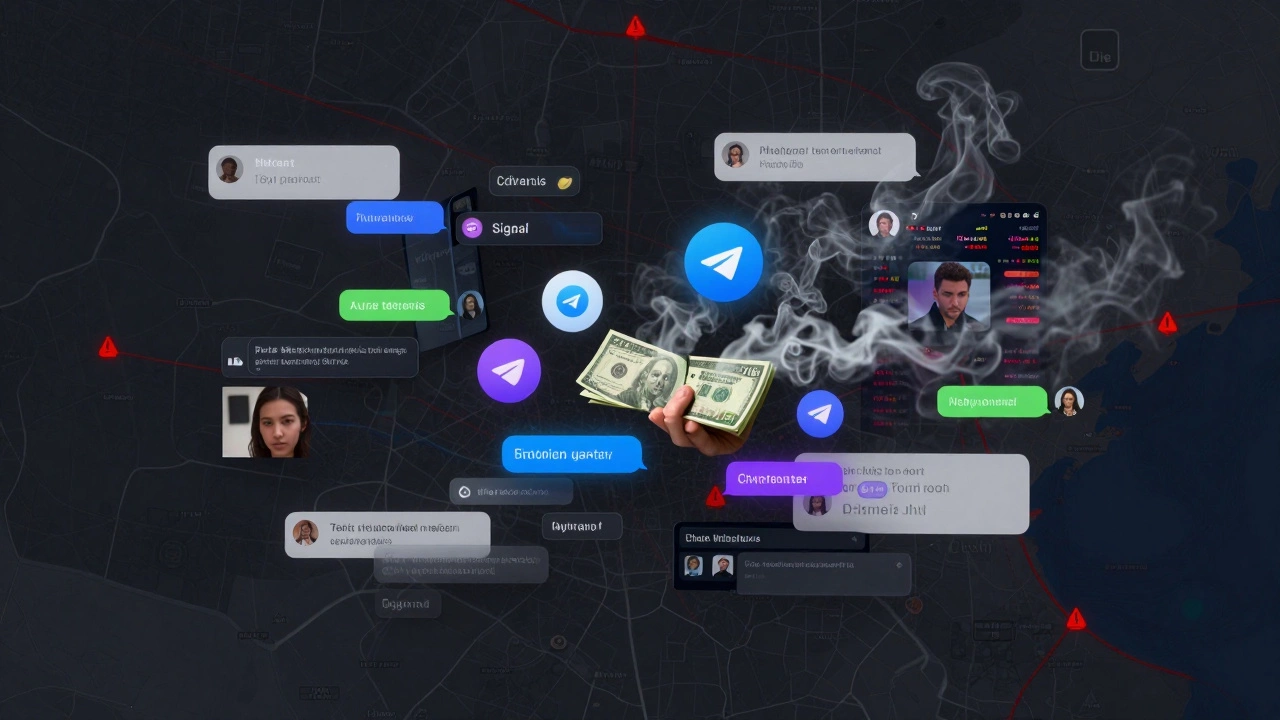 Digital fragments of chat messages, cash, and fake photos dissolve into smoke over a map of Lille, symbolizing online escort scams.